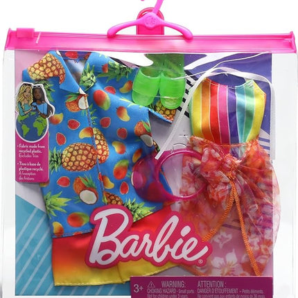 Barbie & Ken Fashions 2-Pack Clothing & Accessories Set, 1 Swimsuit, Sarong & Visor for Barbie Doll & 1 Tropical Shirt, Swimsuit & Shoes for Ken Doll