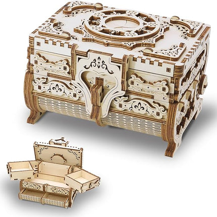 3D Wooden Puzzle for Adults Jewelry Box, DIY Mechanical Treasure Case, Decorative Jewelry Storage Kit, Vintage Laser Cut Model Craft, for Christmas, Birthday