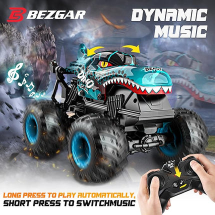 BEZGAR Monster Truck Toys - Remote Control Monster Trucks with Light & Music, Dinosaur Toys for Kids, 1:20 Scale RC Truck with 360° Spins and Drifting, Remote Control Car for Boys with Two Car Shells