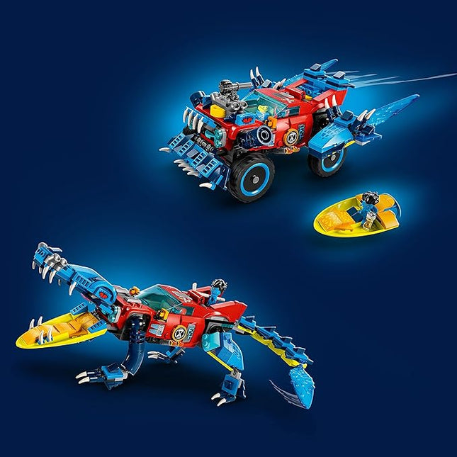 LEGO DREAMZzz Crocodile Car 71458 Building Toy Set, Rebuilds from Car to Off-Roader Truck Toy and Mini-Boat, Features Cooper, Jayden, and The Night Hunter Minifigures, Birthday Gift for 8 Year Olds