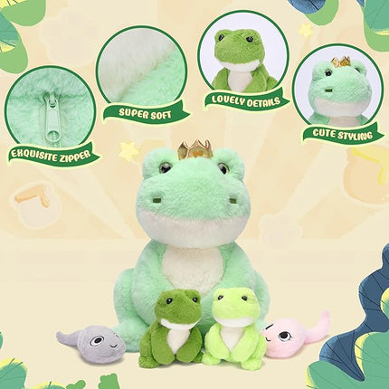 IKASA Mommy Frog Stuffed Animal Mom and Baby Plush Toy, Cute 14" Soft Small Mama Family Set Cuddly Toy with Little Mini Babies,Gifts for Kids