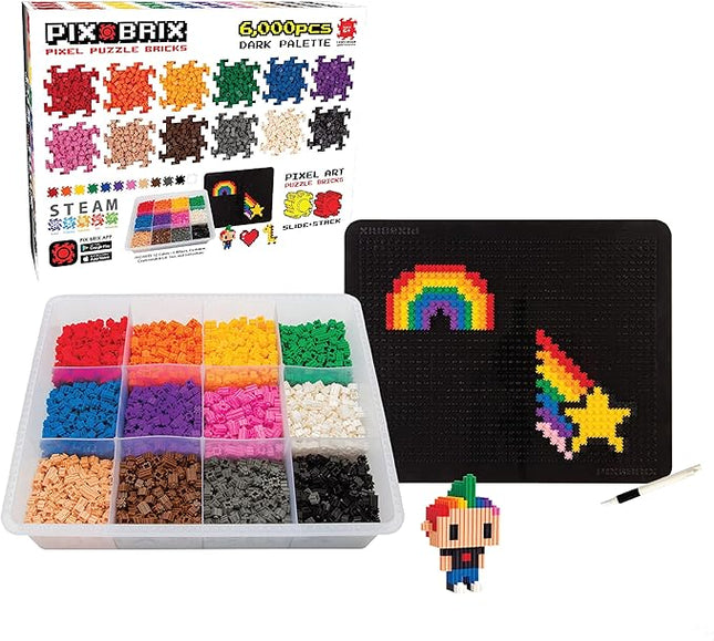 Pix Brix Pixel Art kit Puzzle Bricks – 6,000 Piece Pixel Art Container, 12 Color Dark Palette – Interlocking Building Bricks, Create 2D and 3D Builds Without Water or Glue – Stem Toys, Ages 6 Plus