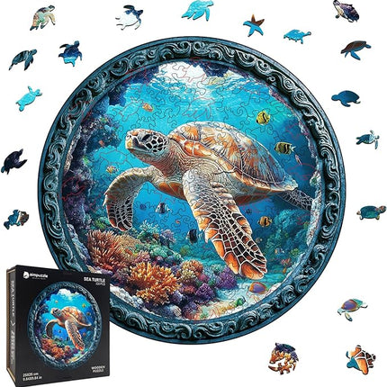 Wooden Puzzle for Adults – Unique Sea Turtle-Shaped Jigsaw, Ocean Animal Design Brain Teaser for Kid & Teen 220 Pieces, 10"x10", Ships as Whole Puzzle Board, Gift-Ready Box, Fun Family Game,