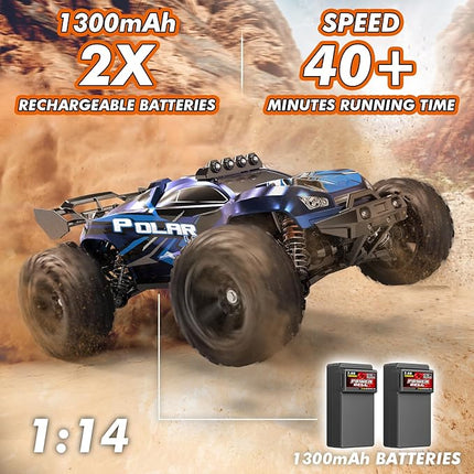 Rc Cars 1:14 All Terrain RC Car for Adults & Boys, 4WD Off-Road RC Truck High Speed Fast 40+ KPH, 4X4 Waterproof Remote Control Car with 2 Rechargeable 1300 mAh Batteries