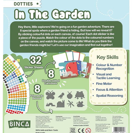 BINCA Dotties Dot Art Activity Kit, 1500+ Stickers, 8 Garden Animals Mess-Free Activities, DIY Dot Sticker Art for Toddlers, Kids Travel Activities, Craft Kits & Gifts for Boys & Girls Ages 4,5,6,7