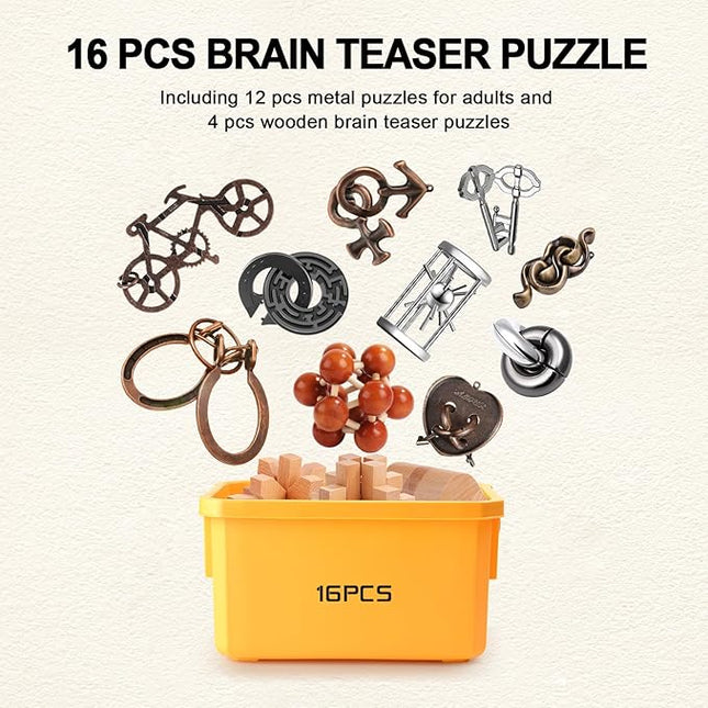 Metal Brain Teaser Puzzles Disentanglement Puzzles Metal Wooden Brain Teaser Puzzle 16pcs Logic Metal Puzzle for Adult Kid Toy Lock Puzzles Gift for Adults Teenagers Kids