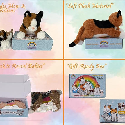 Chirpy Chums Classic Cat Family – Mommy Cat with 4 Kittens – 14” Ultra-Soft Plush Stuffed Animal Toy – Zipper Belly Surprise for Cuddles, Play & Gifts – 5-Piece Kitten Set for Kids Ages 3+