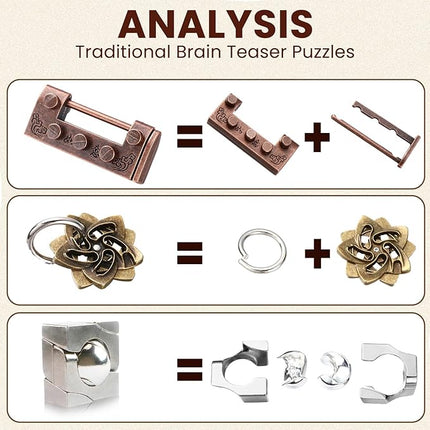 Wettarn 9 Pcs Metal Brain Teaser Puzzles Teaser 3D Steel Puzzle for Adults Unlock Interlocking Games IQ Education Smart Logic Test Toys for Adults Mind Challenge(Educational Style)