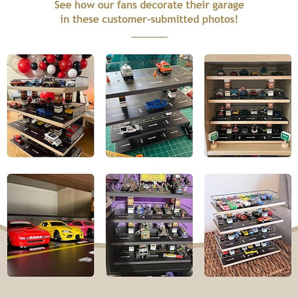 Display Case for Hot Wheels & Matchbox, 1/64 Scale Diecast Toy Car Storage, Parking Garage Diorama - Freestanding Storage with 4 Levels 24 Spots Maximum 40 Cars