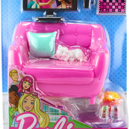 Barbie Indoor Furniture Playset, Living Room Includes Kitten, Furniture and Accessories for Movie and Game Night