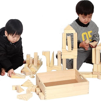 Standard Unit Building Blocks for Toddlers with Storage Tray (64 Pcs) Sanded Wood Blocks for Children, Original STEAM, and STEM Learning, Classic Wooden Toys for Kids Parties and Classrooms