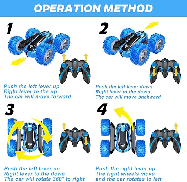 KKONES Remote Control Car, 2.4GHz Double Sided 360° Flips Rotating Electric Race RC Stunt Car, LED Wheel & Headlight High Speed Off Road Cars Toy Gift for 3 4 5 6 7 8-12 Year Old Boy Toys (Blue)