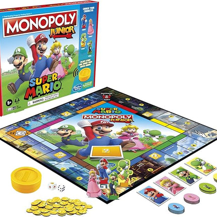Monopoly Junior Super Mario Edition Board Game, Fun Kids' Ages 5 and Up, Explore The Mushroom Kingdom as Mario, Peach, Yoshi, or Luigi (Amazon Exclusive)