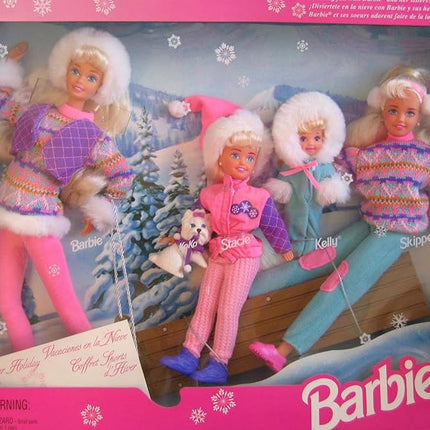 BARBIE WINTER HOLIDAY Set SLEDDING FUN w 4 DOLLS (Skipper, Kelly, Stacie & Barbie), Koko (Dog), SLED & More (1995)