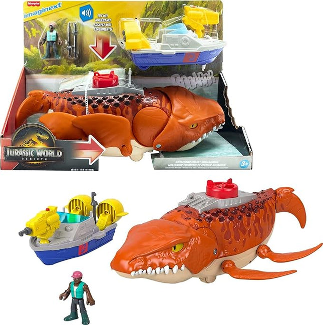 Fisher-Price Imaginext Jurassic World Rebirth Aquachomp Chase Mosasaurus 18-inch Dinosaur Toy with 3-inch Action Figure, Launcher Boat & 2 Projectiles