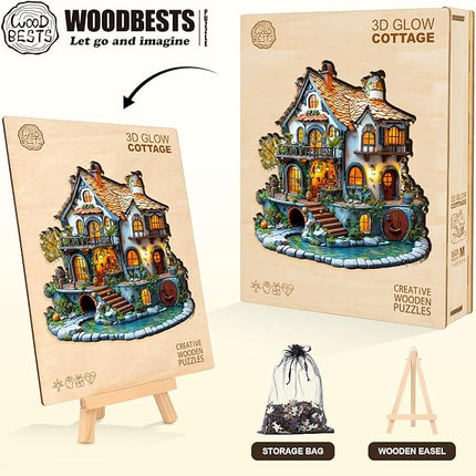 Wooden Puzzles for Adults, Wooden Jigsaw Puzzles for Adults Kids, 3D Glow Cottage Unique Shaped Wood Puzzles Adult, Creative Gifts for Friends Family Game, Home Decor(11.4 * 11.3in 185pcs)