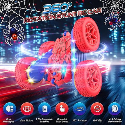 Remote Control Car Spider Rc Cars New Upgraded Strip Lights and Headlights Car Toys Double-Sided 360° Rotating Rc Truck for Boys Girls Birthday Gift (Red)
