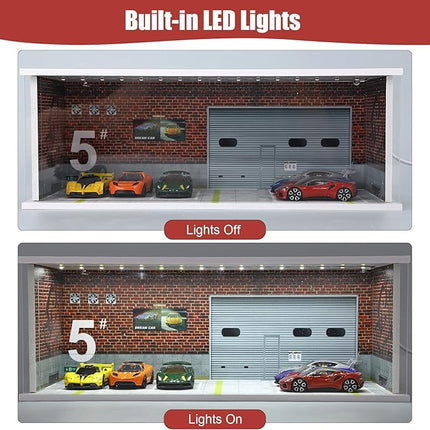 Display Case for Hot Wheels: Stackable Parking Garage for 1/64 Scale Matchbox Toy Car, FoamBoard Storage for Monster Trucks with LED Light and Acrylic Cover, Repair Store