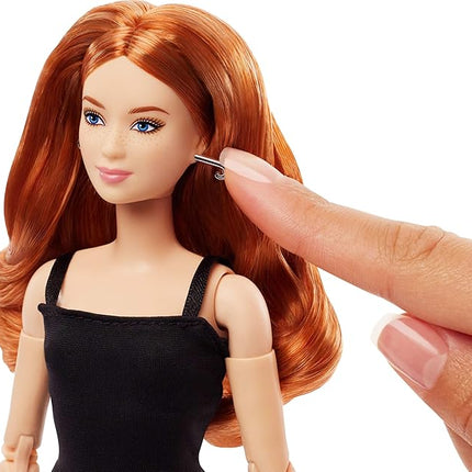 Barbie Basics Model 04 Collector Doll with Red Curly Hair, Black Mini Dress & platform shoes, Universal-fit Fashions, Posable Petite Body & Swappable Doll Head