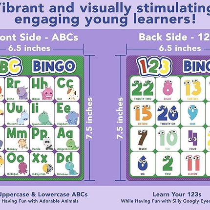 Party Hearty Alphabet and Number, ABC and 123 Bingo Board Game for Kindergarten and Preschool Kids Learn to Read Fun 2 Versions for Ages 4 and Up (Animal Edition)
