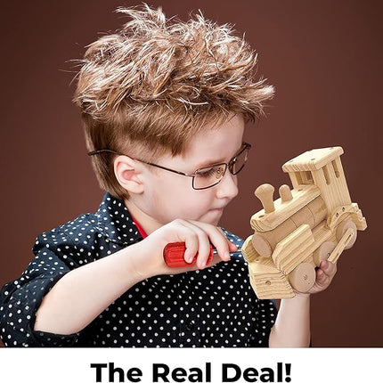 Kraftic Woodworking Building Kit for Kids and Adults, 2 Educational DIY Carpentry Construction Wood Model Kit Toy Projects for Boys and Girls - Build a Wooden Town Hall Birdhouse and Train