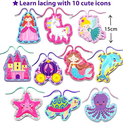 KRAFUN Beginner Unicorn My First Lacing Card Kit for Kids Arts & Crafts, 10 Easy Princess, Mermaid, Lacing Projects, Toddlers Lace Project, Fine Motor Preschool Skills Toys
