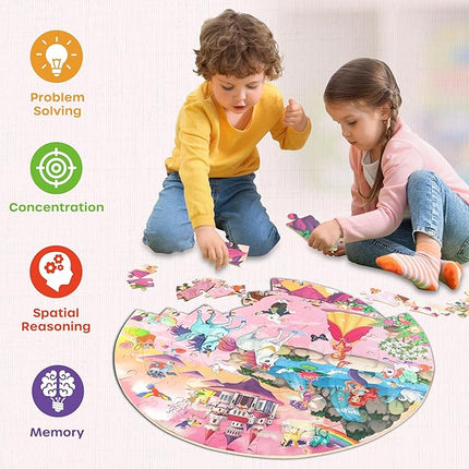 SYNARRY Unicorn Princess Mermaid Fairy Floor Puzzle for Kids Ages 3-5, Large 70 Piece Wooden Puzzle for Kids Ages 4-6, Preschool Toys Gifts for 3 4 5 6 7 8 Years Old Boys Girls Children