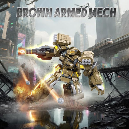 Mech Robot Transforming Building Blocks Set for Adults, Brown City Protector Mecha Model Action Figures, Cool Creative Robots STEM Toys Gift for Teens Boys, 581 Pieces