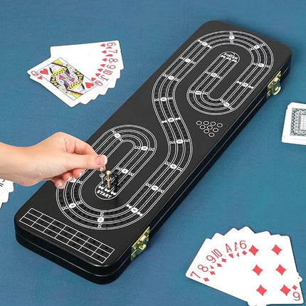 Cribbage Board Game Set 3 Tracks, 2 Storage Area, with 9 Metal Pegs,2 Decks of Playing Cards and Instruction, Wooden Travel Portable Cribbage Game Sets