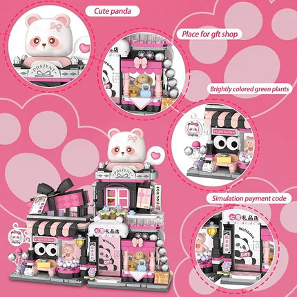 Cute Panda Mini Building Blocks Set, 938PCS MOC Mini Architecture Building Kits with Gift Shop Street View Design - STEM Educational Construction Gift for Girls Boys Kids Adults