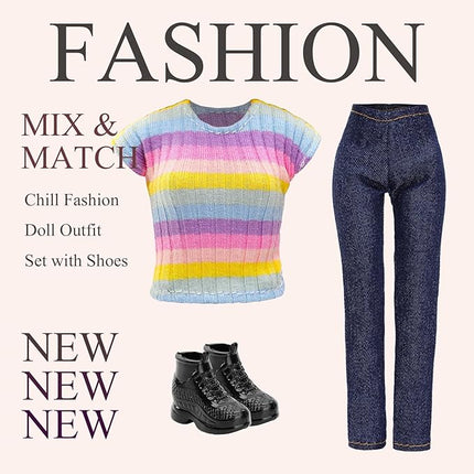 15 Pirces 11.5 Inch Girl Doll Clothes & Accessories Including 5 Colorful T-Shirt, 5 Denim Pants Jeans, 5 Pairs of Sneakers for Girl Dolls Casual Outfit Accessories