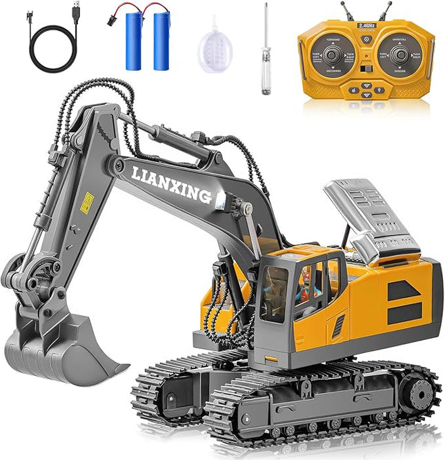 1:20 Scale RC Excavator Toy for Kids - 2.4GHz Remote Control Construction Vehicle with 680° Rotating Arm, Spray Mist, LED Lights & Realistic Sound, for 6 7 8 9 10-12children