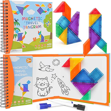 Travel Magnatiles Tangram Puzzle - 3D Building Blocks for Road & Plane Travel STEM Toy with 360 Shape Dissection Puzzles & Brain Teasers, Educational IQ Gift for Kids & Adults
