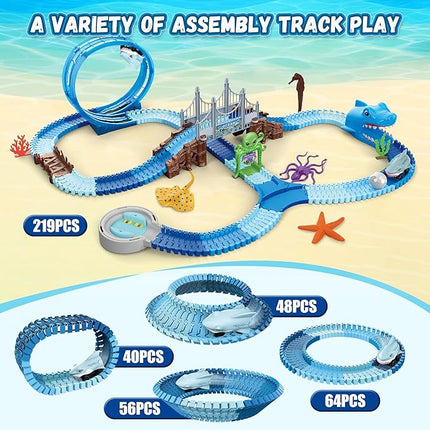 VATOS Shark Track Toys - 219 Pcs Flexible Race Track Set with 360° Loops, Electric Shark Car & Auto-Rotating, Create a Shark Theme Road Race, STEM Toy Birthday for Boys Girls Ages 3-8
