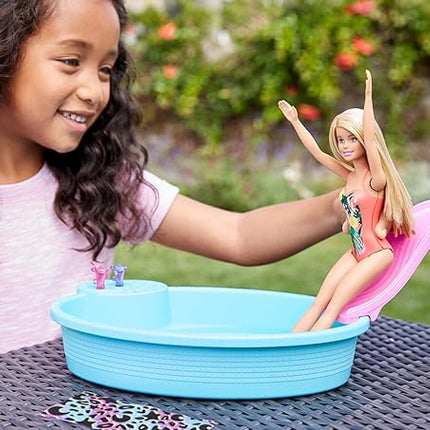 Barbie Doll & Pool Playset with Pink Slide, Beverage Accessories & Towel, Blonde Fashion Doll in Tropical Swimsuit