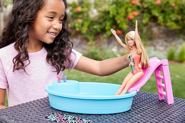 Barbie Doll & Pool Playset with Pink Slide, Beverage Accessories & Towel, Blonde Fashion Doll in Tropical Swimsuit