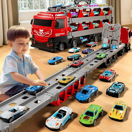 Toy Truck for 3 4 5 6 Years Old Kids Boys, 78-Inch Race Track Transport Vehicle and 12 Die-Cast Metal Toy Cars, Carrier Truck Toddler Truck Car Toys Set Gifts for Age 3-12 Years Old Kids Boys