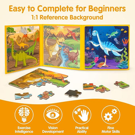 SYNARRY Magnetic Dinosaur Puzzles for Kids Ages 3-5, 20 Pieces Puzzles for Toddlers 4-6, Easter Basket Stuffers Valentines Day Gifts for Kids, Car Airplane Road Trip Activities Toys for Boys Girls