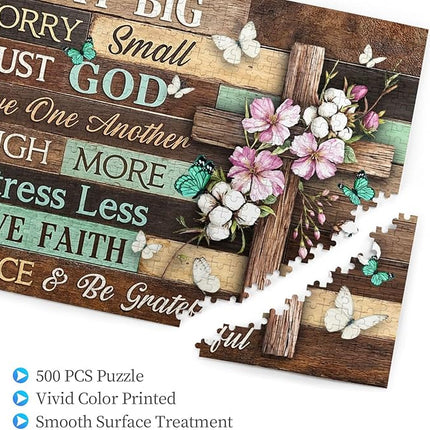 Christian Jigsaw Puzzles 500 Pieces for Adults, Elegant Cross with Pray Big Worry Small Trust God Quote, Religious Wooden Puzzle, Faith-Based Home Decor & Uplifting Gift