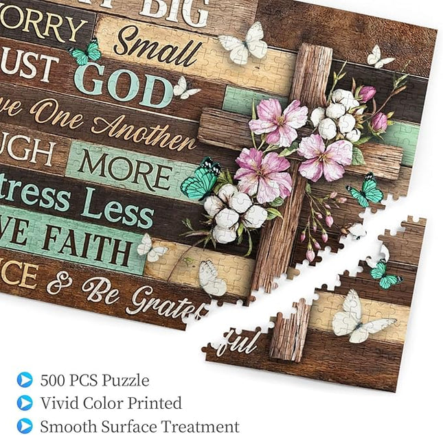 Christian Jigsaw Puzzles 500 Pieces for Adults, Elegant Cross with Pray Big Worry Small Trust God Quote, Religious Wooden Puzzle, Faith-Based Home Decor & Uplifting Gift