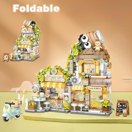 Mini Building Blocks - 1077 Pieces Creative Chinese Street View, Openable Coffee Shop Mini Bricks Building Set for Adult Boys Girls Age 6+(Cafe)