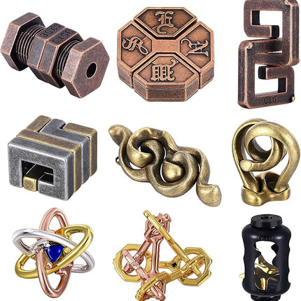Wettarn 9 Pcs Metal Brain Teaser Puzzles Teaser 3D Steel Puzzle for Adults Unlock Interlocking Games IQ Education Smart Logic Test Toys for Adults Mind Challenge(Adorable Style)