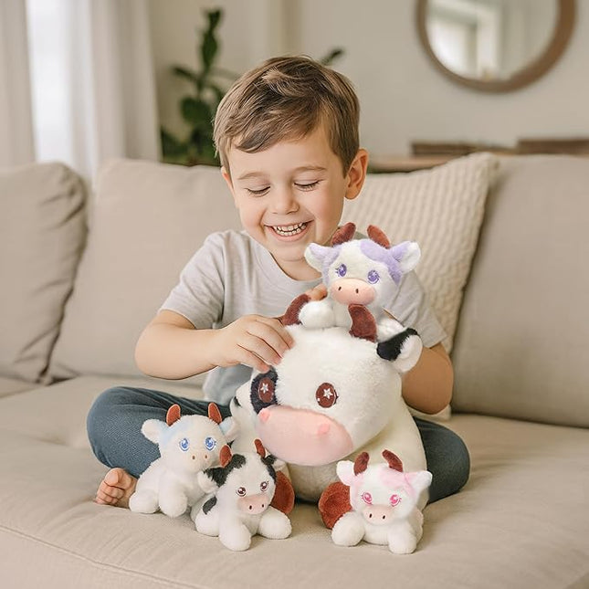 IKASA Mommy Cow Stuffed Animal Mom and Baby Plush, 15" Cute Soft Mama Family Set Cuddly Toy with Little Mini Babies,Gifts for Kids