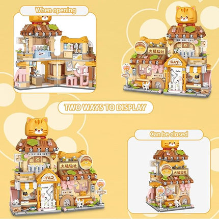 Cute Cat Mini Building Blocks Set, 917PCS MOC Mini Architecture Building Kits with Grooming Store Street View Design - STEM Educational Construction Gift for Girls Boys Kids Adults