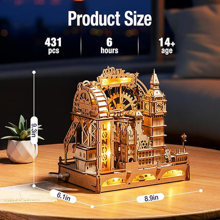ROKR Marble Travel London, 3D Wooden Puzzles for Adults, Marble Run Kit Adults to Build, 3D Wooden Puzzle with LED, Unique Gift for Men Women