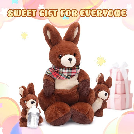 IKASA Mommy Kangaroo Stuffed Animal Mom and Baby Plush Toy, Cute 15.5" Soft Cuddly Family Set with Little Mini Babies,Gifts for Kids