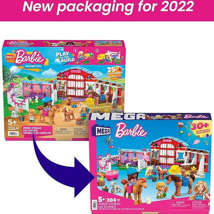 Mega Barbie Pets Horse Toy Building Set with 3 Micro-Dolls and Accessories, 9 Pets, Easy-to-Build Horse Stables Playset,