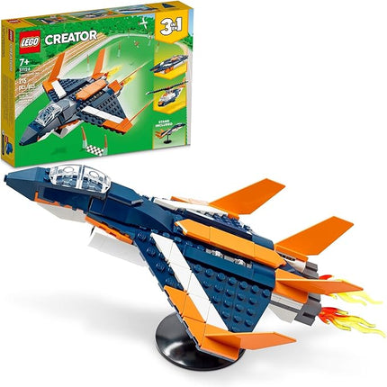 LEGO Creator 3 in 1 Supersonic Jet Plane Toy Set, Transforms from Plane to Helicopter to Speed Boat Toy, Buildable Vehicle Models for Kids, Boys and Girls 7 Plus Years Old, 31126
