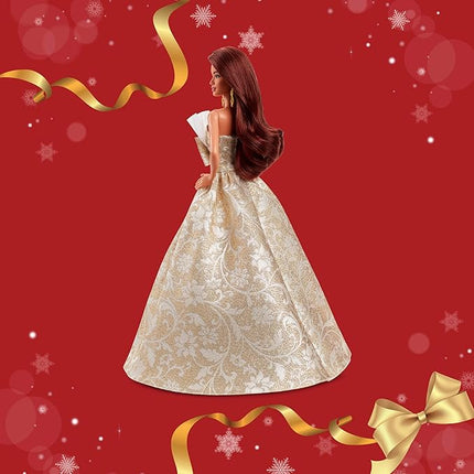 Barbie Signature 2025 Holiday Dark Brown Hair Fashion Doll Wearing Silver & Gold Gown, Seasonal Collector in Displayable Packaging & Stand