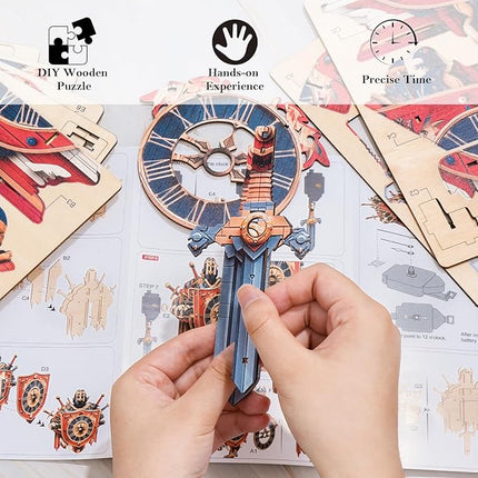 3D Wooden Puzzles for Adults Knight Clock - Model Building Kit ‌‌Cavalier Wall Clock Puzzle Creative Art Craft Gift Home Decor for DIY Enthusiasts, Brain Teaser Building Set Birthday Gifts